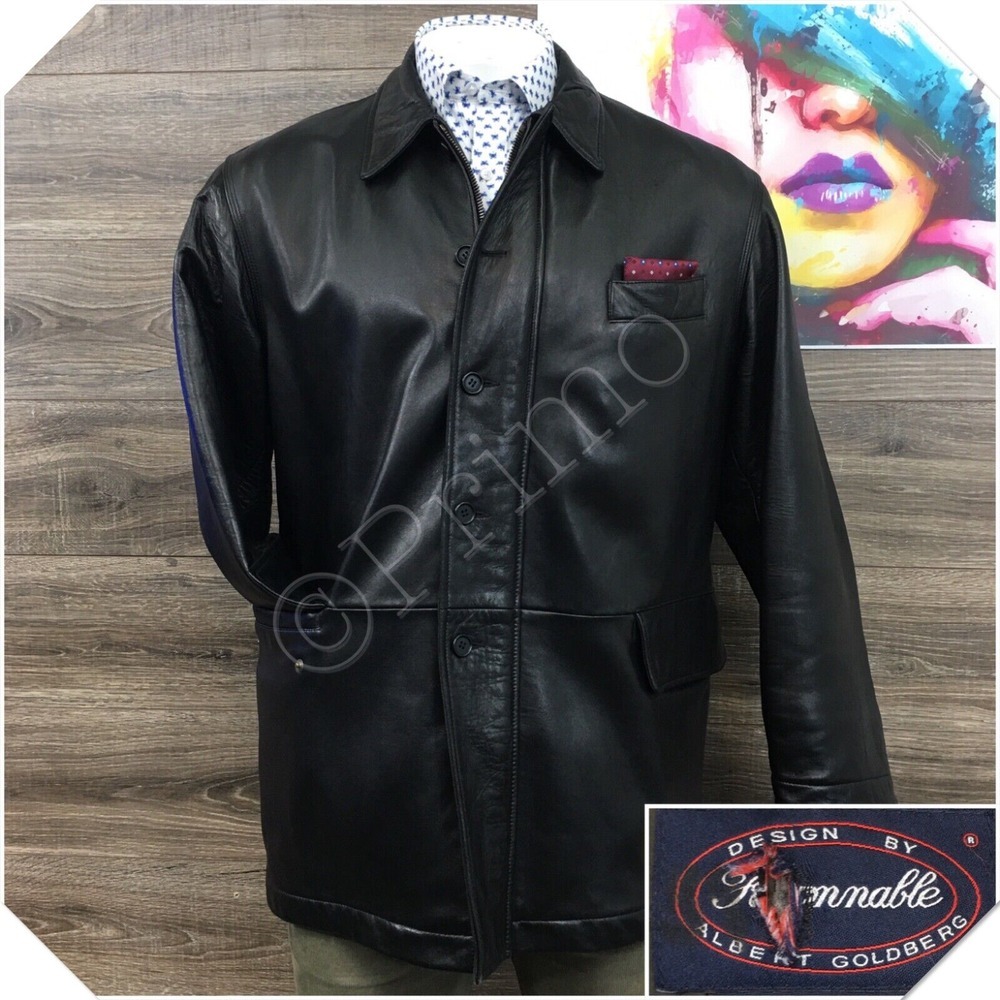 VINTAGE FACONNABLE Mens Leather Jacket Size XL Lambskin Full Zip Quilted Coat‎